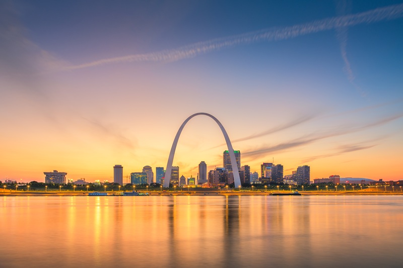St. Louis arch park at sunset.